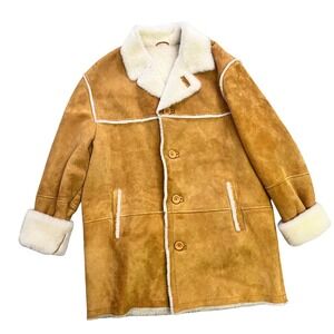 Mens Genuine Suede Shearling Lined Sheepskin Coat Tan Brown Winter Warm